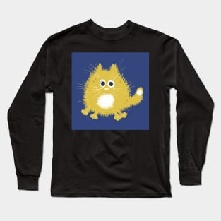 Funny Yellow Fluffy Cat on Blue Background Long Sleeve T-Shirt